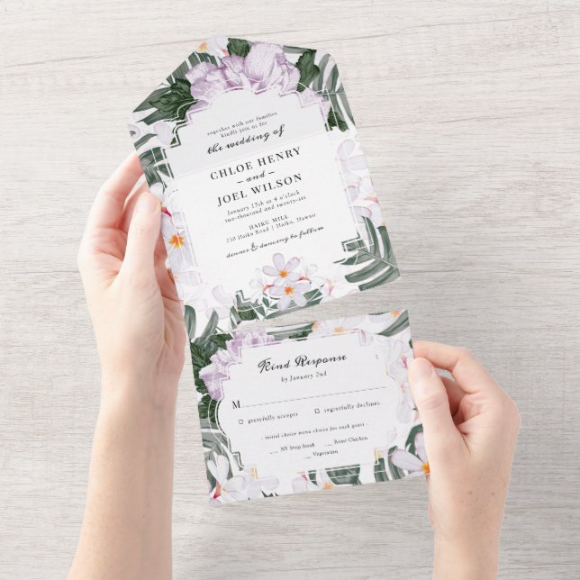 Tropical Lavender Watercolor Hawaiian Wedding All In One Invitation (Tearaway)
