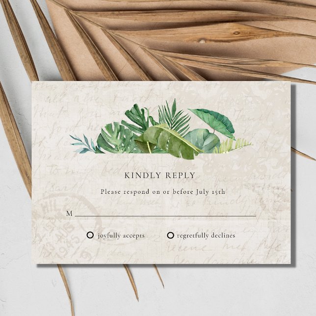 Tropical Leaf Aged Paper Beach Destination Wedding RSVP Card (Tropical Leaf Aged Paper Beach Destination Wedding RSVP Card)