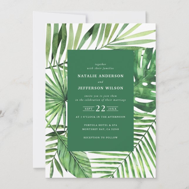 Tropical leaf and script watercolor wedding invite (Front)