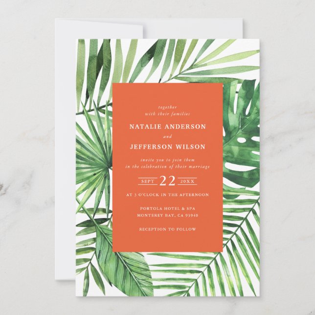 Tropical leaf and script watercolor wedding invite (Front)