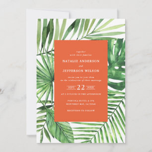 Tropical leaf and script watercolor wedding invite