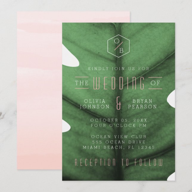 Tropical Leaf Art Deco Inspired Wedding Invitation (Front/Back)