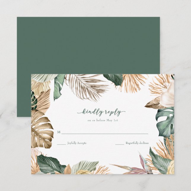 Tropical Leaf Beach Wedding RSVP (Front/Back)
