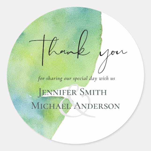 Tropical leaf Blue Lime Wedding Thank You Classic Round Sticker (Front)