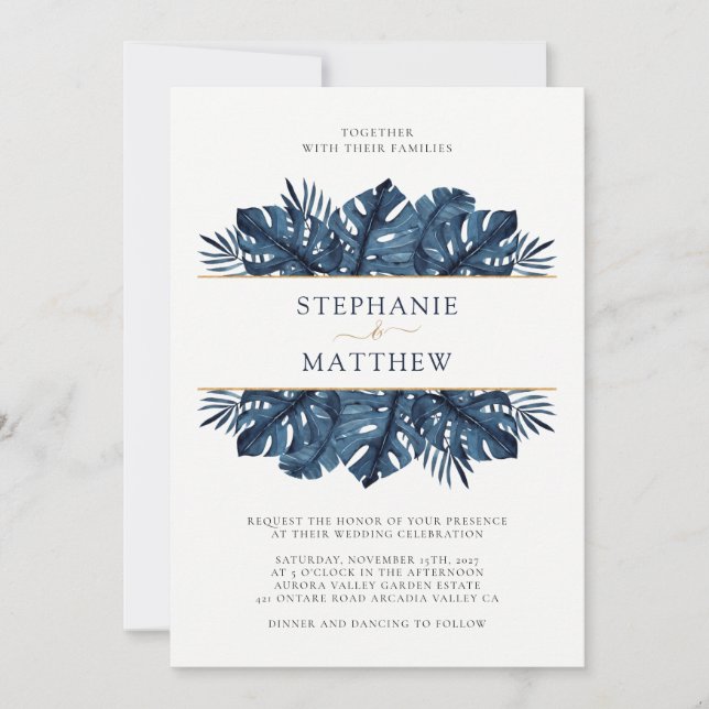 Tropical Leaf Botanical Gold Navy Blue Wedding Invitation (Front)