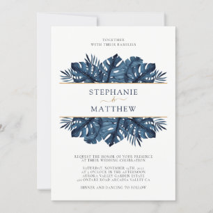Tropical Leaf Botanical Gold Navy Blue Wedding Invitation