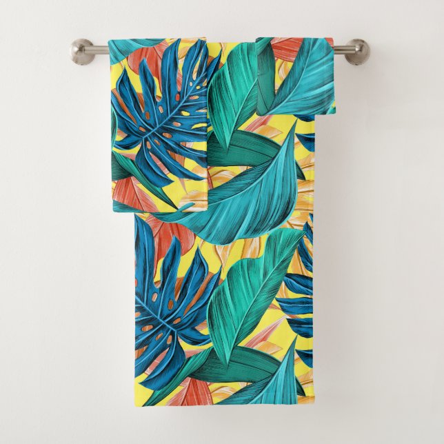 Tropical leaf botanical jungle island pattern fun bath towel set (Insitu)