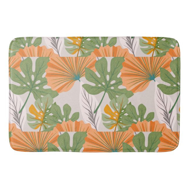 Tropical Leaf Composition in Orange and Green Bath Mat (Front)