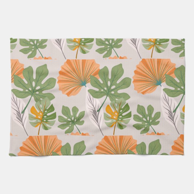 Tropical Leaf Composition in Orange and Green Tea Towel (Horizontal)