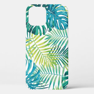 Tropical leaf design featuring green/blue palm and iPhone 12 case