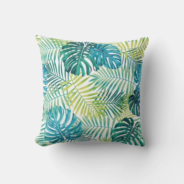 Tropical leaf design featuring green/blue palm and cushion (Front)