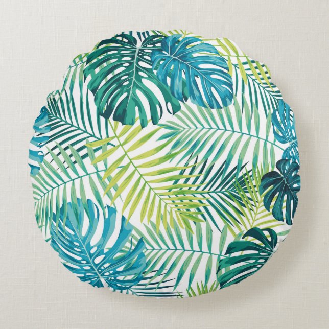Tropical leaf design featuring green/blue palm and round cushion (Front)
