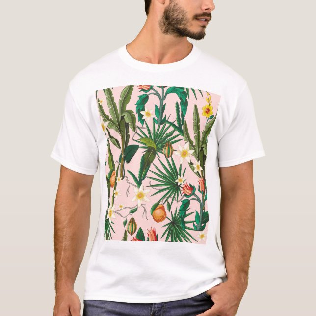 Tropical leaf, flower, fruit pattern. T-Shirt (Front)