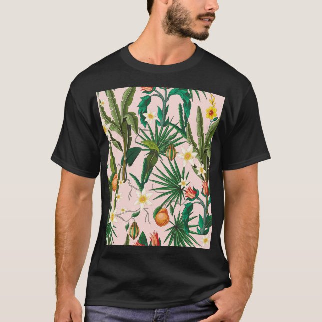 Tropical leaf, flower, fruit pattern. T-Shirt (Front)