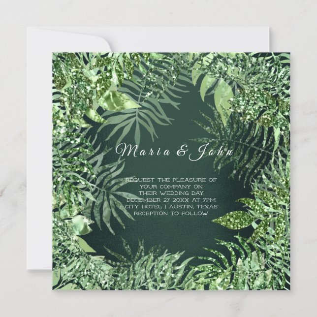 Tropical Leaf Glitter Garden Mint Green Cali Lux Invitation (Front)