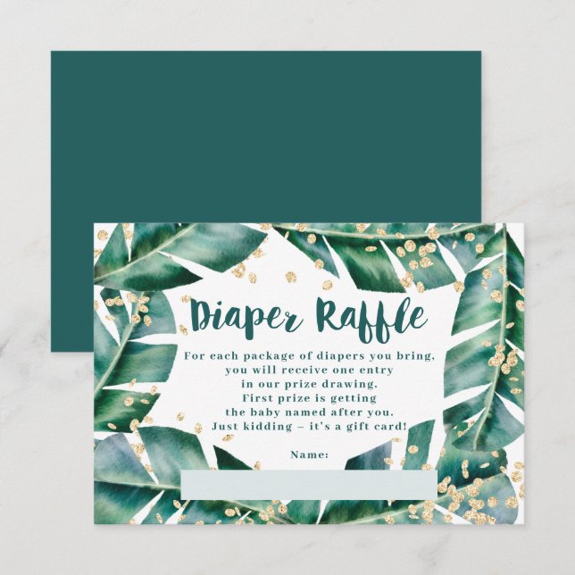 Tropical leaf gold diaper raffle baby shower enclosure card (Front/Back)
