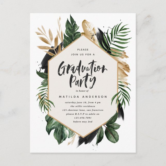 Tropical leaf graduation invitation postcard (Front)