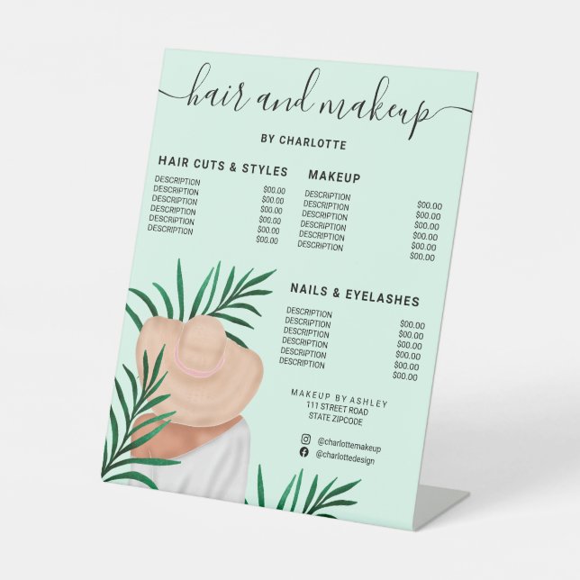 Tropical leaf green hair makeup salon price pedestal sign (Front)