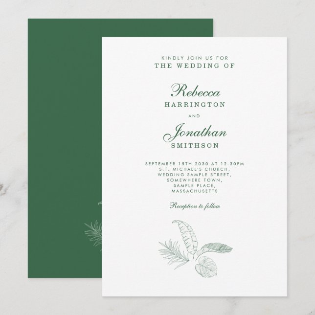 Tropical Leaf Green Minimal Wedding Invitation (Front/Back)