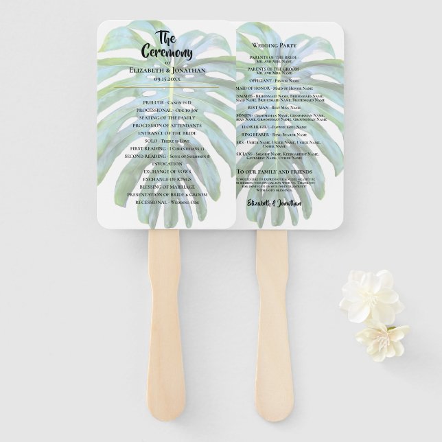 Tropical Leaf Greenery Beach Wedding Hand Fan (Front and Back)
