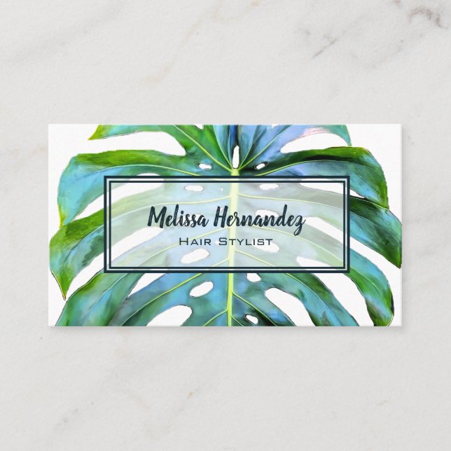 Tropical Leaf Greenery Hair Stylist Modern Beach Business Card (Front)