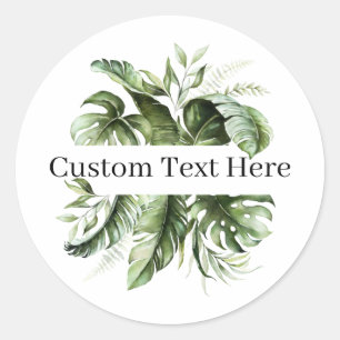 Tropical Leaf Greenery with Choice of Text Classic Round Sticker