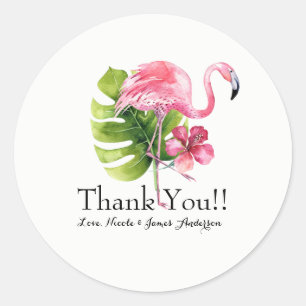 Tropical Leaf Hibiscus Flamingo Wedding Favour Classic Round Sticker