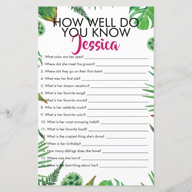 Tropical Leaf How Well Do You Know The Bride Game (Front)