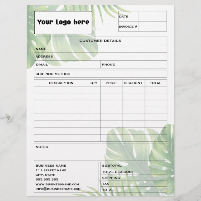 Tropical Leaf Invoice Business Sales Form Receipt Custom Letterhead (Front)