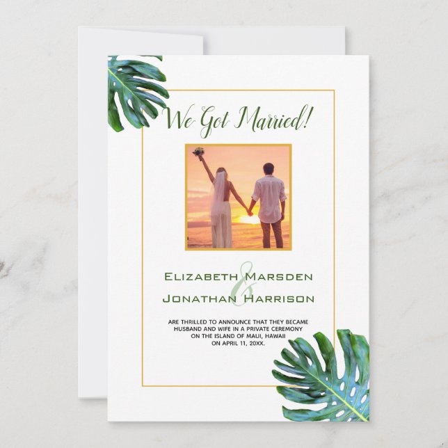 Tropical Leaf Just Married Announcement Reception (Front)