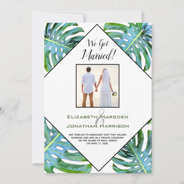 Tropical Leaf Just Married Announcement Reception (Front)