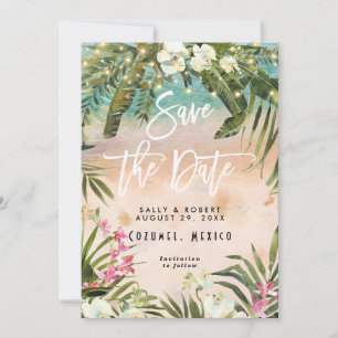 tropical leaf lights wedding save the date card