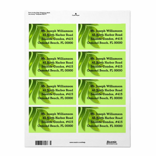 Tropical Leaf Lime Green Custom Shipping Labels (Full Sheet)