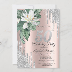 Tropical Leaf Magnolia Drips Rose Gold 50th Invitation