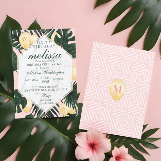Tropical leaf marble pink gold birthday invitation (Tropical leaf marble pink gold birthday invitation)