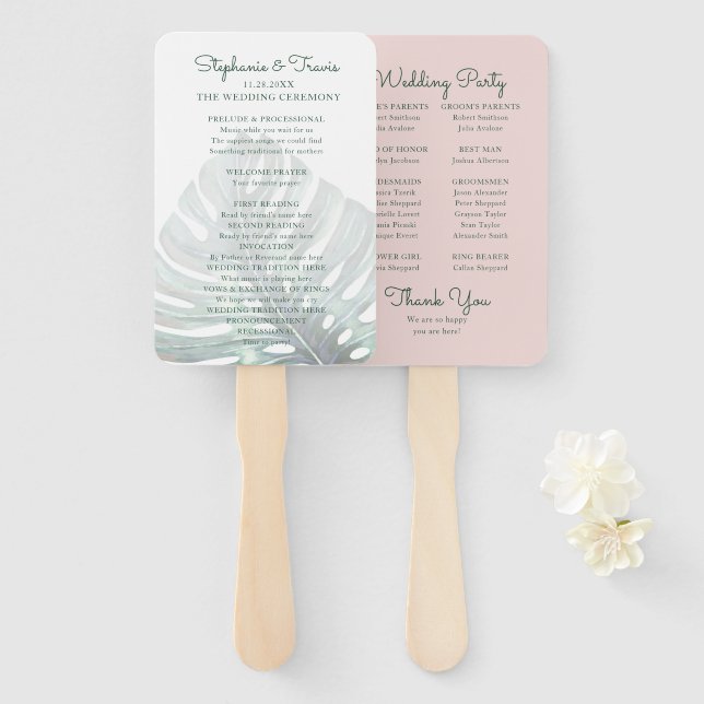 Tropical Leaf Monstera Palm Pink Wedding Program Hand Fan (Front and Back)