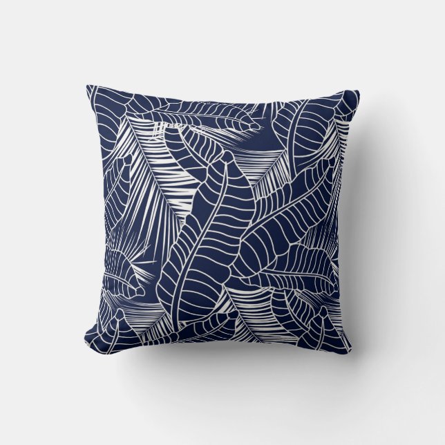 Tropical leaf, navy blue background cushion (Front)