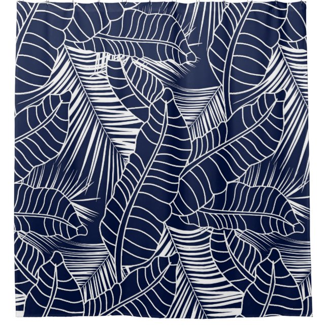 Tropical leaf, navy blue background shower curtain (Front)