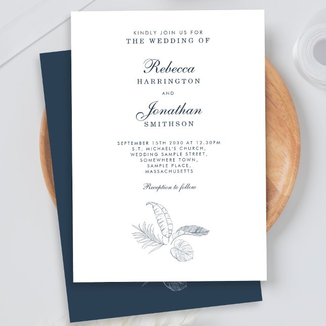 Tropical Leaf Navy Minimal Wedding Invitation Card (Creator Uploaded)