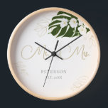 Tropical Leaf Orchids Wedding Anniversary Keepsake Clock<br><div class="desc">An elegant, personalised wedding anniversary keepsake clock with a tropical theme, featuring a monstera tropical leaf with two small branches of hand-drawn white orchids, delicate myrtle leaves layered digitally with gold and elegant, classic wedding typography. . A nice custom wedding gift for a young - and young at heart -...</div>