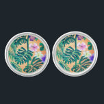 tropical leaf painting cufflinks<br><div class="desc">big green tropical leaves with a few flowers on a sunset orange background makes this a great cufflink for a beach holiday theme wedding.</div>