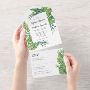 Tropical Leaf Palm Foliage Wedding All In One Invitation
