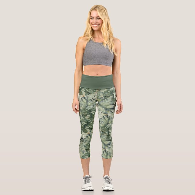Tropical Leaf Pattern   Capri Leggings (Front)