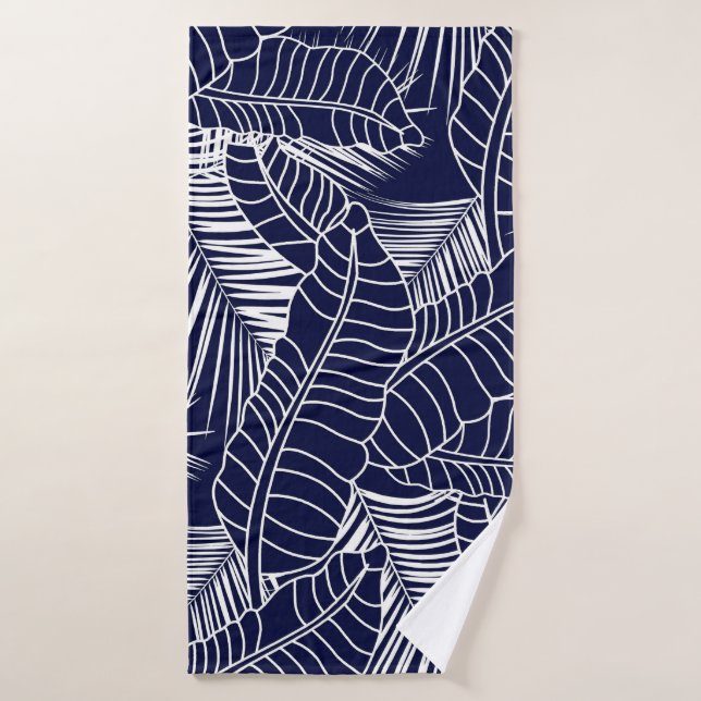 tropical leaf pattern on the navy blue background bath towel (Bath Towel)