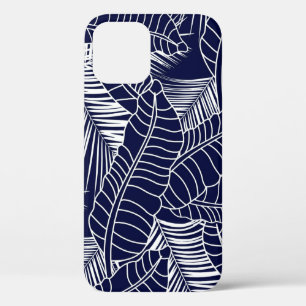 tropical leaf pattern on the navy blue background iPhone 12 case