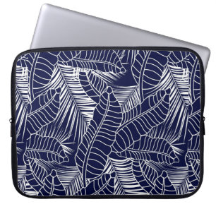 tropical leaf pattern on the navy blue background laptop sleeve