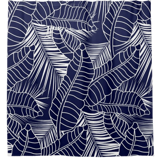 tropical leaf pattern on the navy blue background shower curtain (Front)