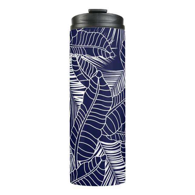 tropical leaf pattern on the navy blue background thermal tumbler (Front)
