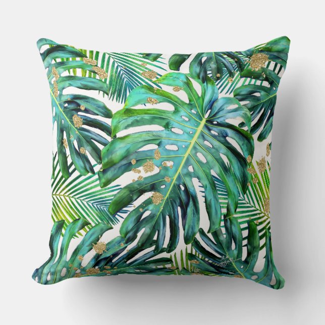 Tropical Leaf Pattern Palms Gold Glitter Cushion (Front)