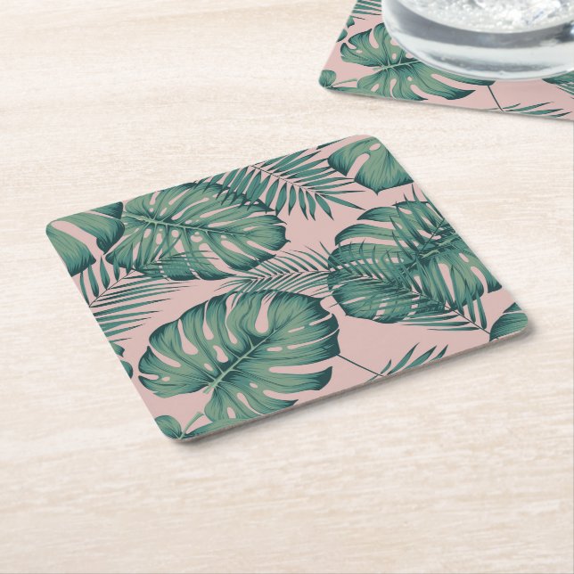 Tropical Leaf Pattern Square Paper Coaster (Angled)